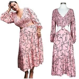 Eloquii | Pink Long Sleeve Smocked Cut Out Balloon Sleeve Plus Size Midi Dress